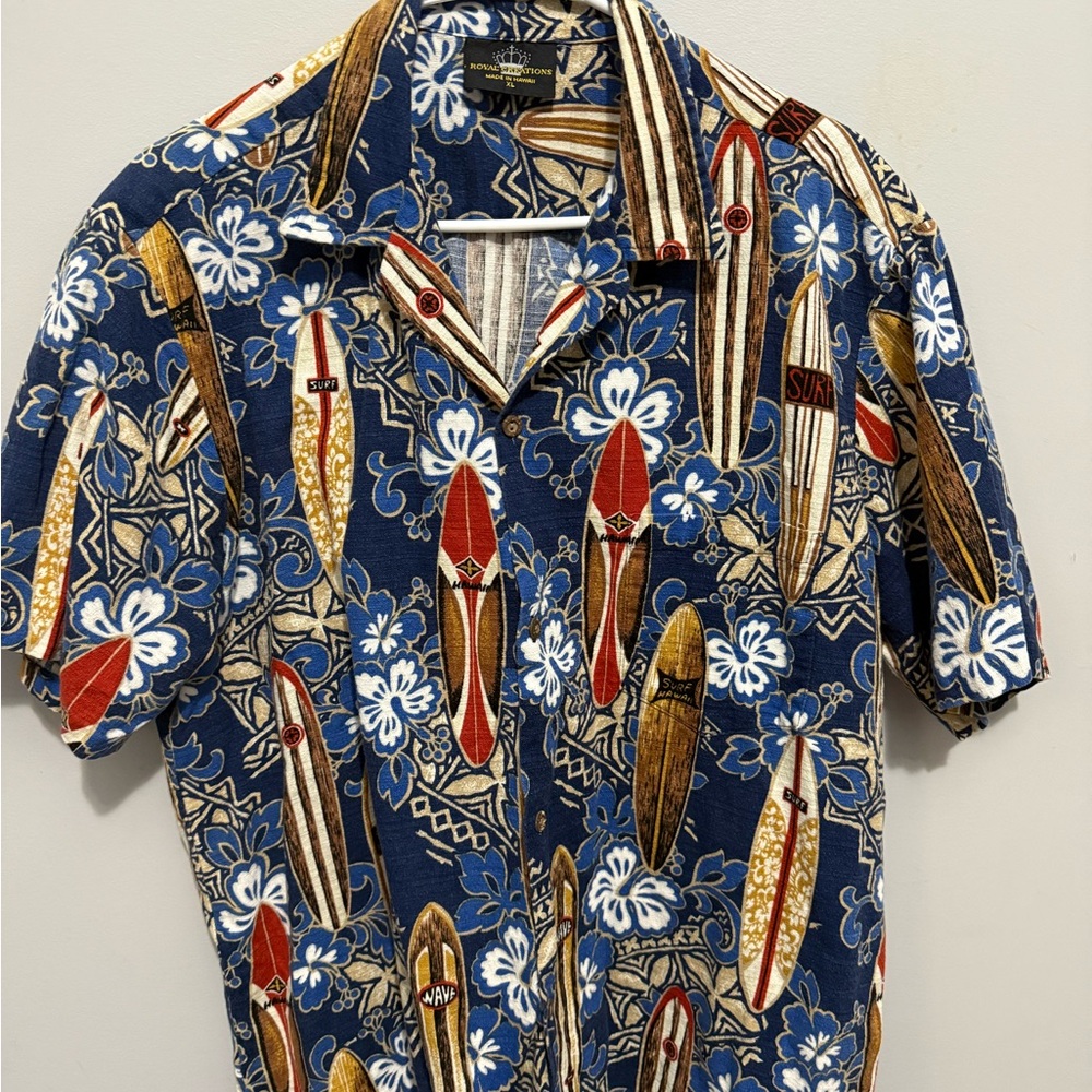 Blue and Brown Casual Button Down Shirt with Surfboard Print